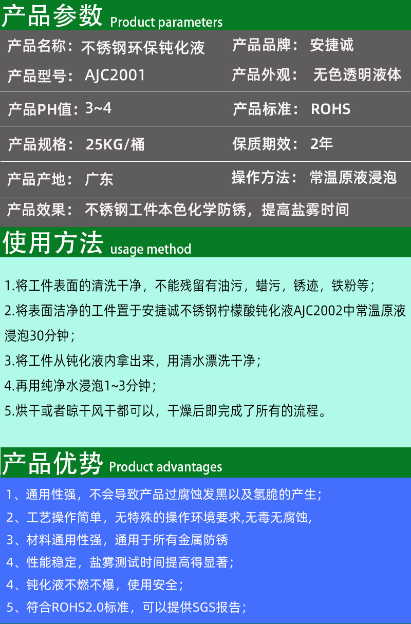 不锈钢钝化液AJC2001产品参数